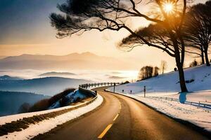 a road in the snow with trees and mountains in the background. AI-Generated photo