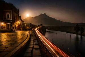 a long exposure photograph of a road and mountains at night. AI-Generated photo