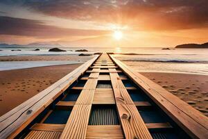 a wooden bridge leads to the ocean at sunset. AI-Generated photo