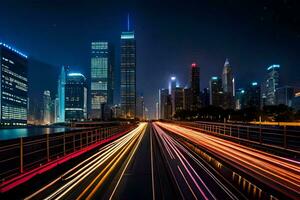 un ciudad a noche con luces en el la carretera. generado por ai foto