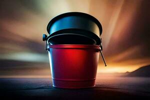 a red bucket with a black lid sitting on a dark surface. AI-Generated photo