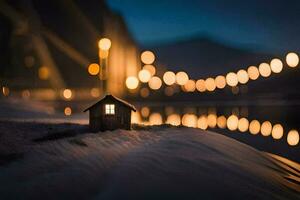 un pequeño casa se sienta en el nieve siguiente a un lago. generado por ai foto