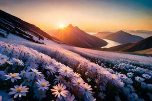 el Dom sube terminado el montañas y flores en el primer plano. generado por ai foto