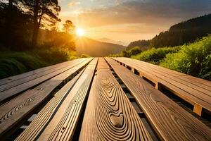 un de madera puente terminado un río a puesta de sol. generado por ai foto