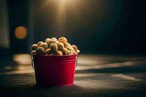 a red bucket filled with peanuts sitting on a table. AI-Generated photo
