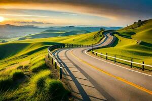 el la carretera a el puesta de sol. generado por ai foto