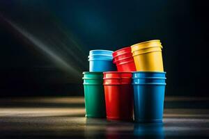 a group of colorful plastic cups on a dark background. AI-Generated photo