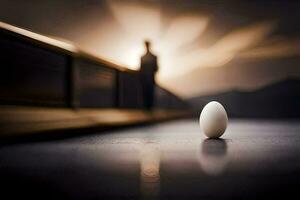a man is walking towards an egg on the floor. AI-Generated photo