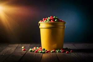 a bucket filled with red and green candies. AI-Generated photo