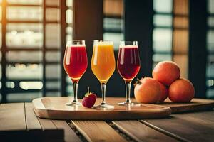 three glasses of juice sit on a table with fruit. AI-Generated photo