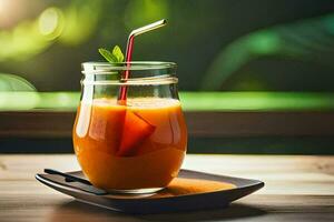 un vaso de naranja jugo con un paja. generado por ai foto