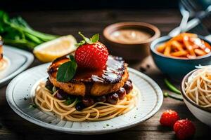 a plate of spaghetti with meat and strawberries. AI-Generated photo