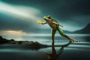 a frog is standing on the water with its arms outstretched. AI-Generated photo