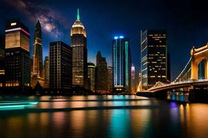 nuevo York ciudad horizonte a noche. generado por ai foto