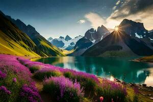 the sun shines on a lake and purple flowers in the foreground. AI-Generated photo