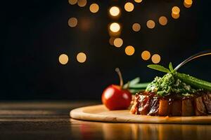 un plato con carne y vegetales en él. generado por ai foto