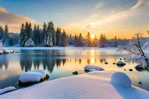 snow covered trees and the sun setting over a lake. AI-Generated photo