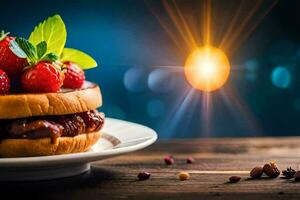 un hamburguesa con fresas y un rebanada de queso. generado por ai foto