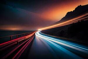 un largo exposición fotografía de un autopista a noche. generado por ai foto