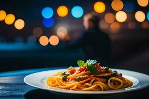 a plate of spaghetti with a man in the background. AI-Generated photo