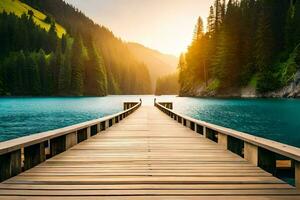 a wooden bridge leads to a lake and mountains. AI-Generated photo