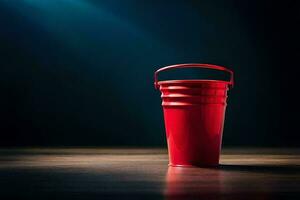 a red plastic cup sitting on a table. AI-Generated photo