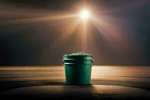 a bucket of green paint on the ground. AI-Generated photo