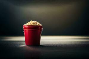 a red bucket filled with popcorn on a dark surface. AI-Generated photo