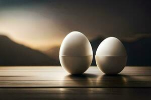 two white eggs sit on a table in front of a mountain. AI-Generated photo