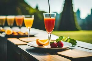 a table with fruit and juice on it. AI-Generated photo