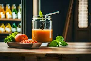 a glass jar with a glass of juice and a bowl of fruit. AI-Generated photo