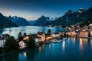 el pueblo de Hallstatt en el suizo Alpes a oscuridad. generado por ai foto