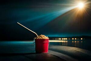 a bucket of popcorn on a table with a straw. AI-Generated photo