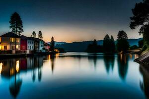 a lake at dusk with houses on the shore. AI-Generated photo