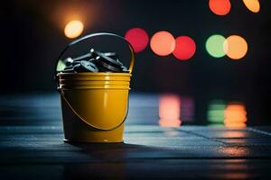 a bucket of coins on a wooden floor. AI-Generated photo