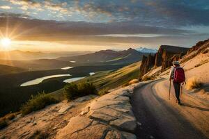 a hiker walks along a mountain path at sunset. AI-Generated photo
