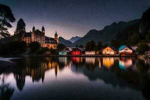 a castle sits on the shore of a lake at night. AI-Generated photo