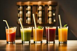 a row of glasses with different juices. AI-Generated photo