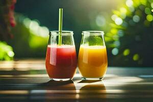 two glasses of juice on a wooden table. AI-Generated photo