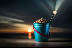 a bucket of peanuts on a table with a light shining on it. AI-Generated photo