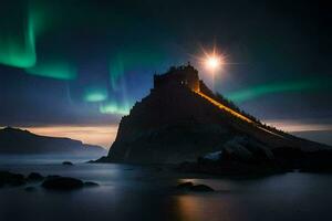 photo wallpaper the sky, night, aurora, castle, the north, the north pole,. AI-Generated