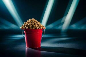 a bucket filled with peanuts on a dark background. AI-Generated photo