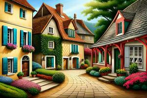 a painting of a street in a village. AI-Generated photo