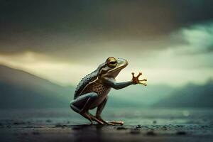 a frog standing on its hind legs with its arms outstretched. AI-Generated photo