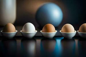 five eggs in white bowls on a table. AI-Generated photo