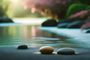 two stones sit on the ground next to a pond. AI-Generated photo