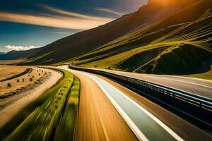 a car driving on a highway in the mountains. AI-Generated photo