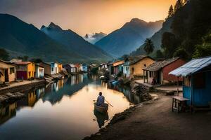 a man in a boat is rowing down a river in front of colorful houses. AI-Generated photo