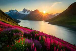 the sun rises over the mountains and flowers in the foreground. AI-Generated photo