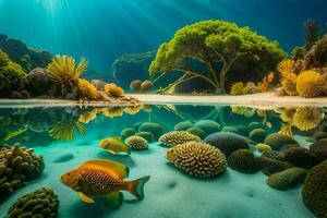 underwater scene with coral reefs and fish. AI-Generated photo